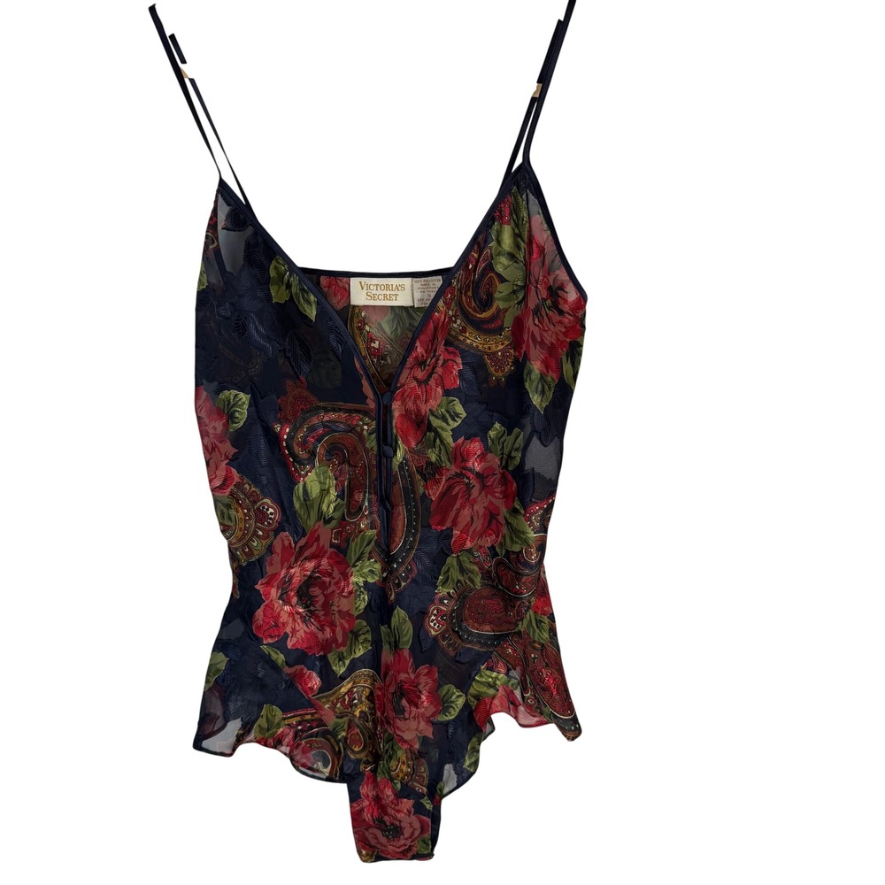 Vintage Victorias Secret Gold Label Floral Paisley Sheer Mesh Bodysuit Navy S